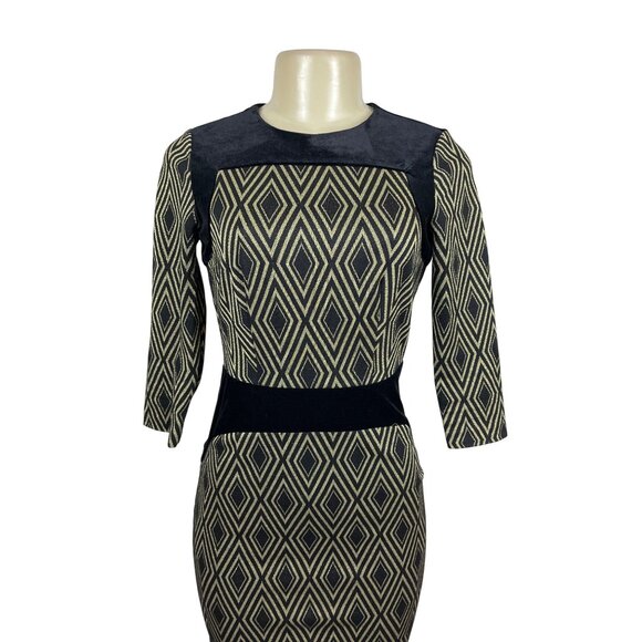 The Limited Black & Tan Diamond Pattern Dress 3/4 Sleeve Size 0 - Picture 4 of 8